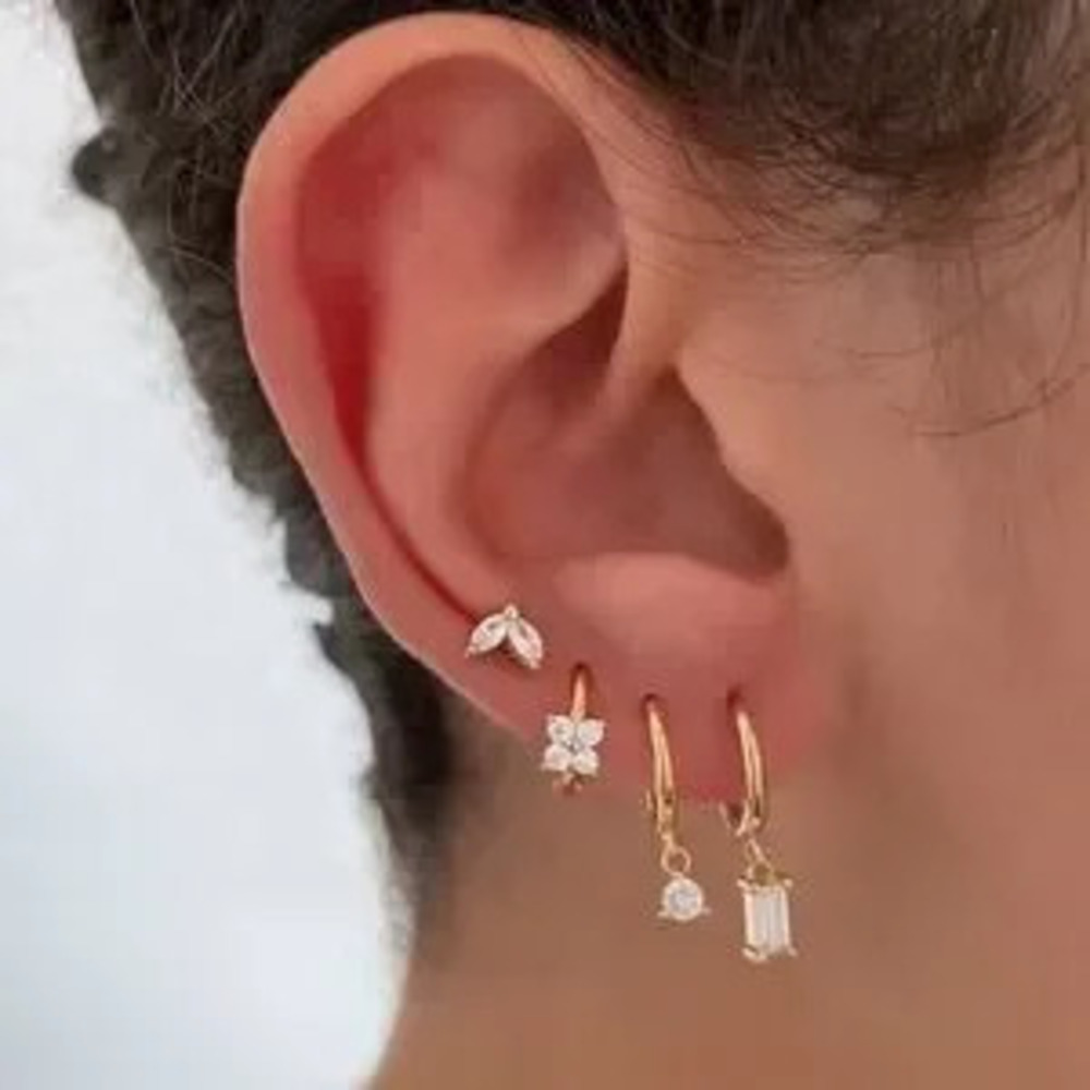 4Pcs Set Zircon 925 Sterling Silver Earring For Women Hoop Piercing